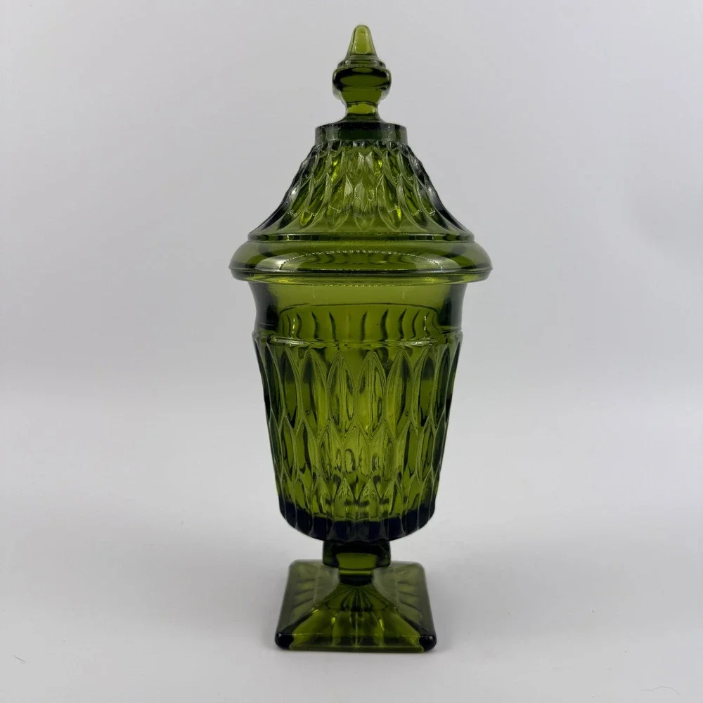 Indiana Glass Diamond Point Avocado Green Apothecary Jar Covered Pedestal